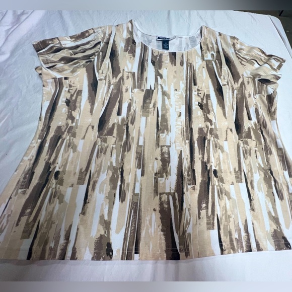 KAREN SCOTT SIZE 3X  CREAM BOXY CAP SLEEVE WITH SHADES OF TAUPE AND BROWNS - Picture 1 of 7